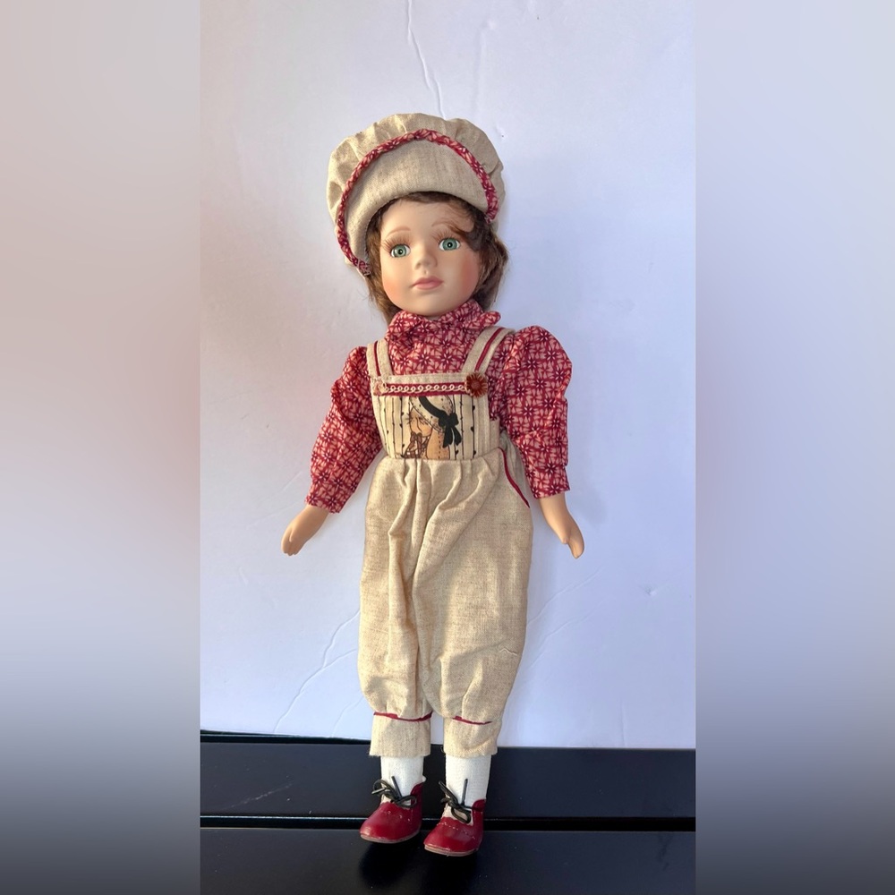 Porcelain Doll-Red and Cream Doll with Hat